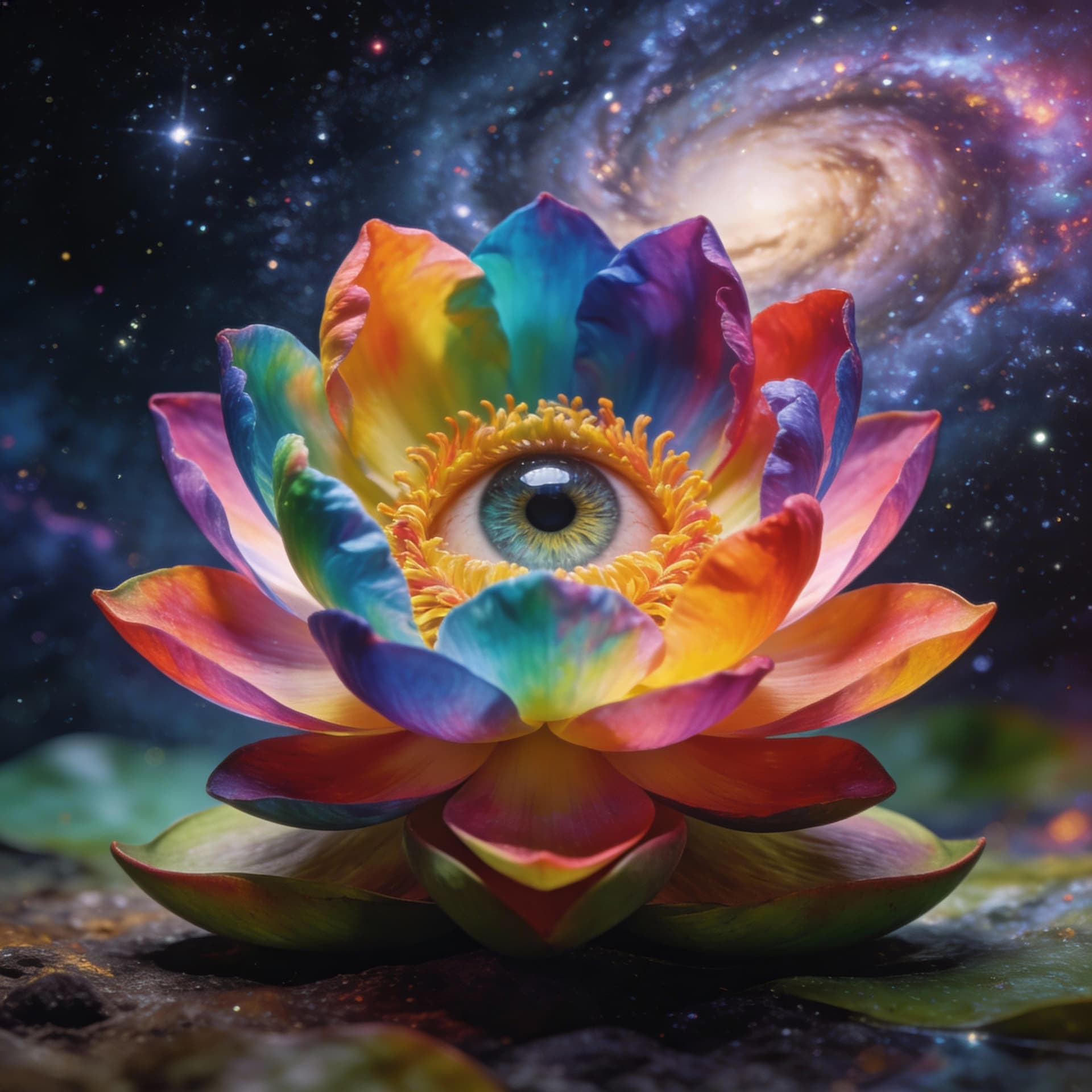 AI generated: A beautiful real looking, colorful tropical flower in lotus position with an eye. 8k, psychedelic, s...