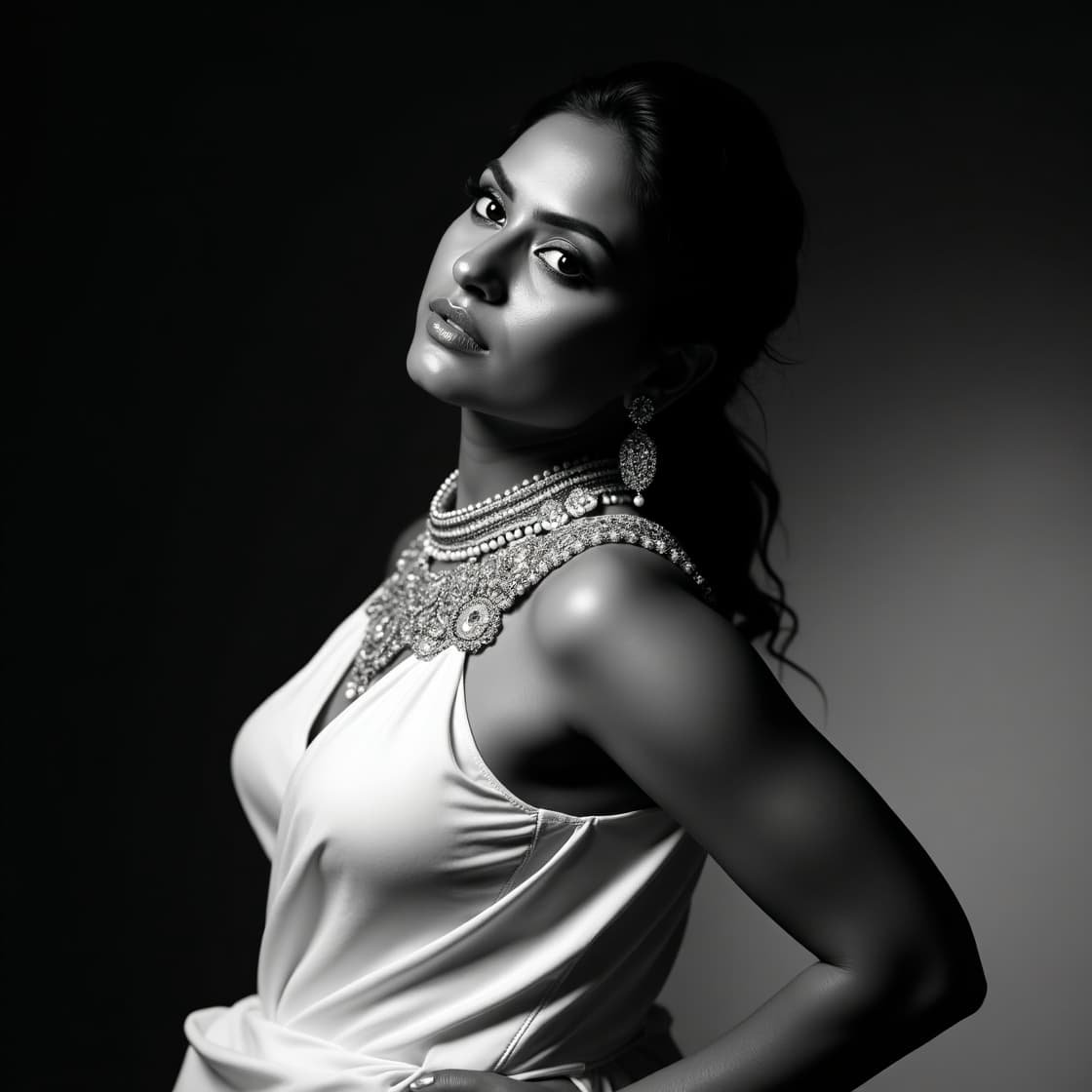 AI generated: High-resolution black-and-white fashion editorial photograph of a stunning dusky volpturous curvy In...