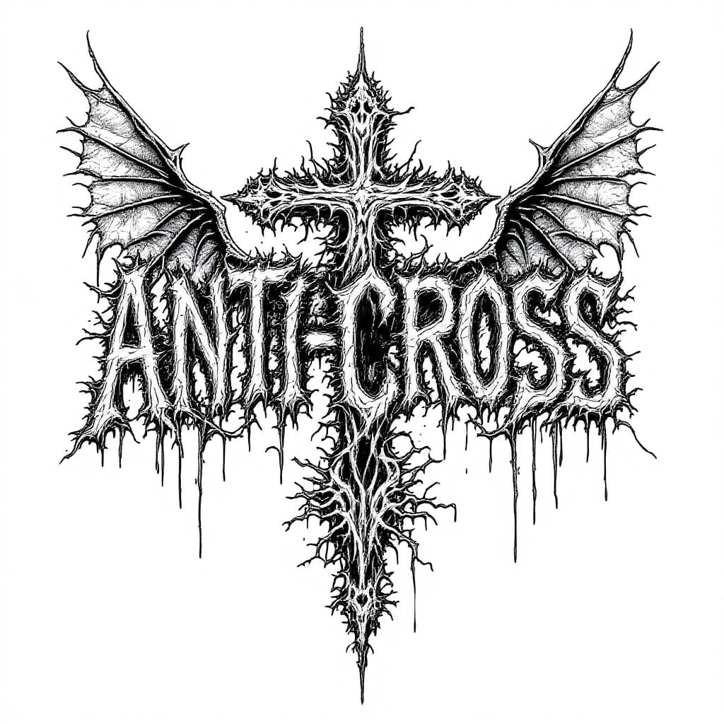 AI generated: A brutal death metal-style logo featuring the word 'ANTI-CROSS' with a grotesque and chaotic extreme...