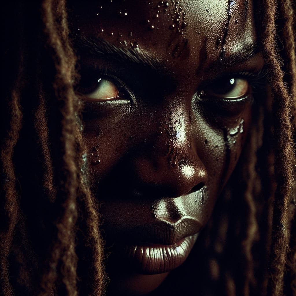 AI generated: Close-up on Michonne's face, beaded with sweat and grime, her tousled dreads clinging to her chisele...