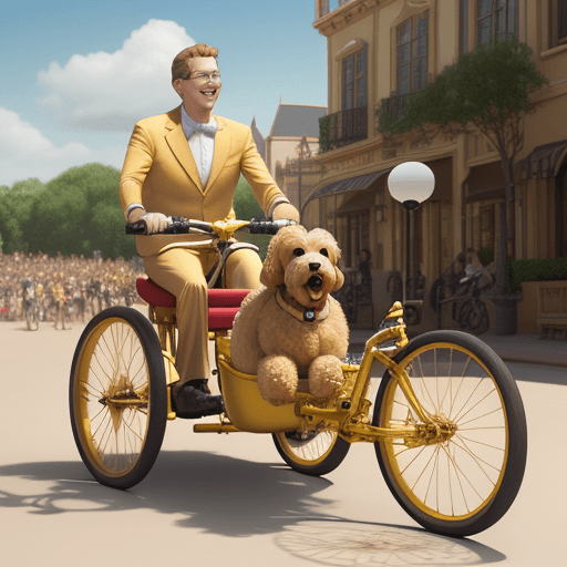 AI generated: Disney movie poster, a white man walking a golden doodle with a recumbent trike as people cheer, tit...