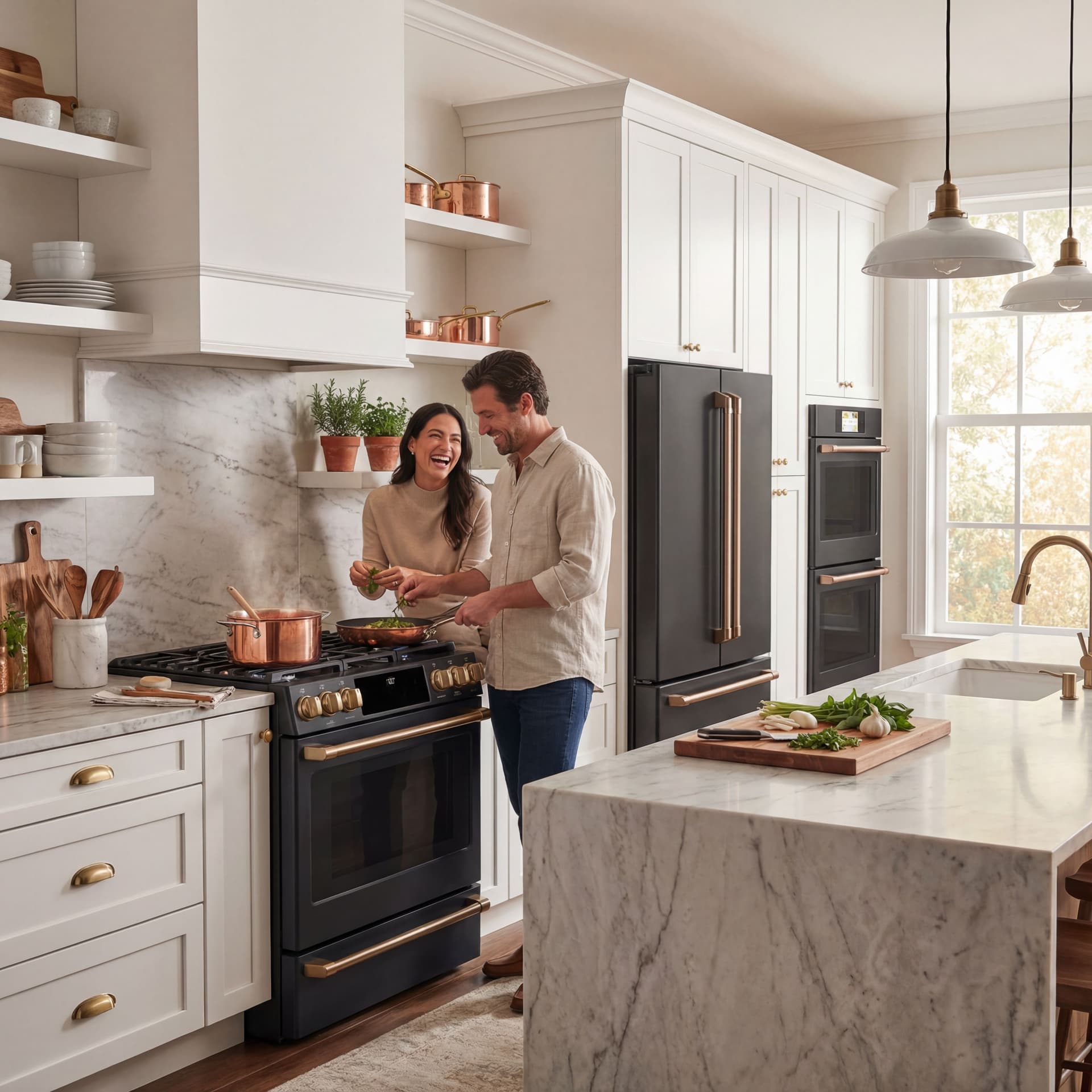 AI generated: Turn into lifestyle photo. Photo realistic. Show a man and woman cooking on stove. Make a luxury kit...