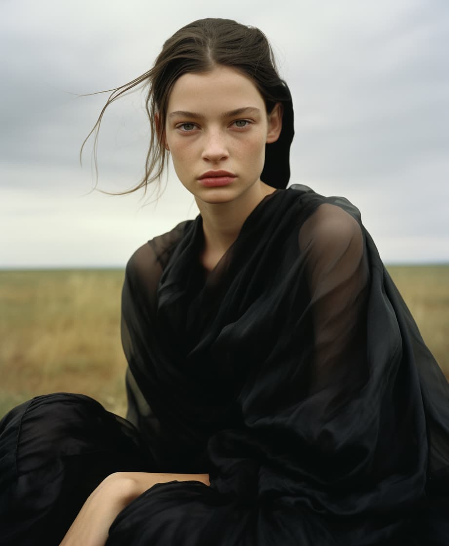 AI generated: a woman sitting on top of a lush green field, emaciated black evening gown, ffffound, mackenzie foy,...