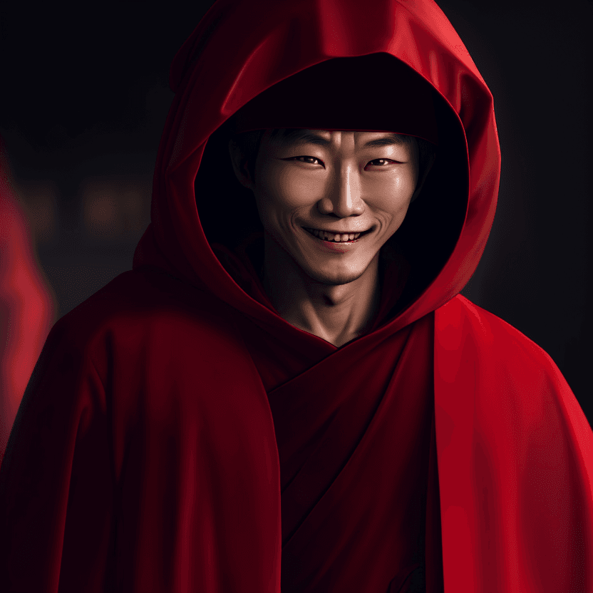 AI generated: High resolution picture. korean man wearing a regal red robe with hood. he is smiling mischievously ...