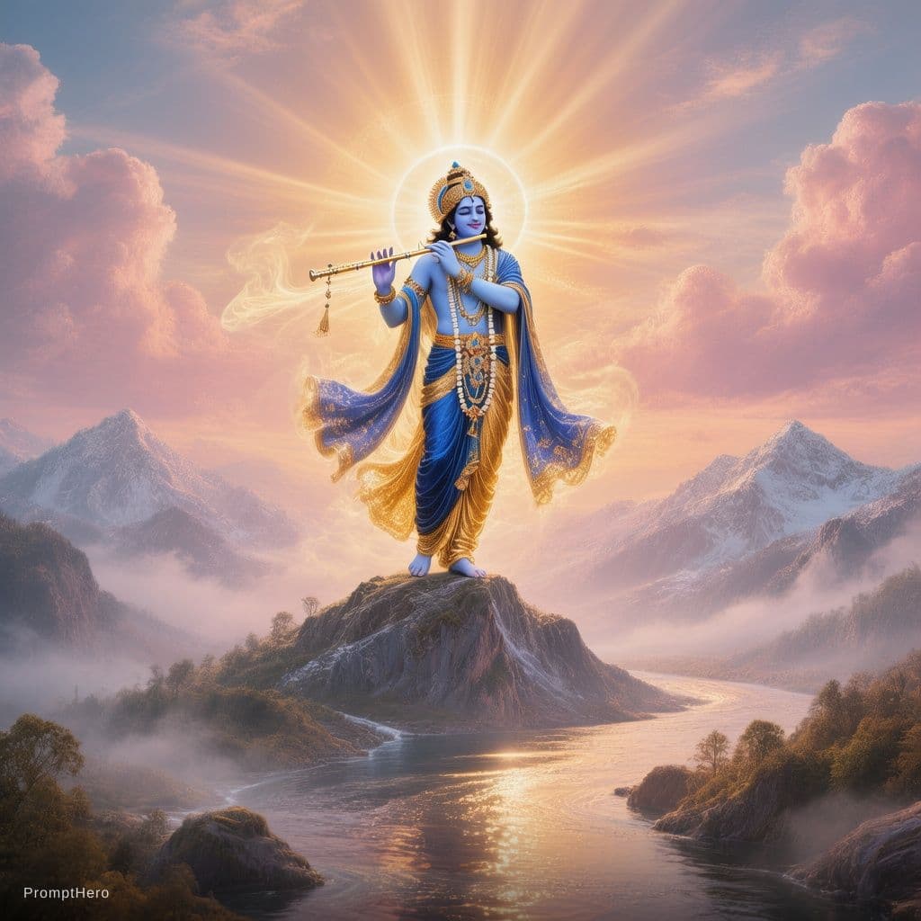 AI generated: A divine cinematic background image of Lord Krishna standing gracefully on a majestic mountain peak ...