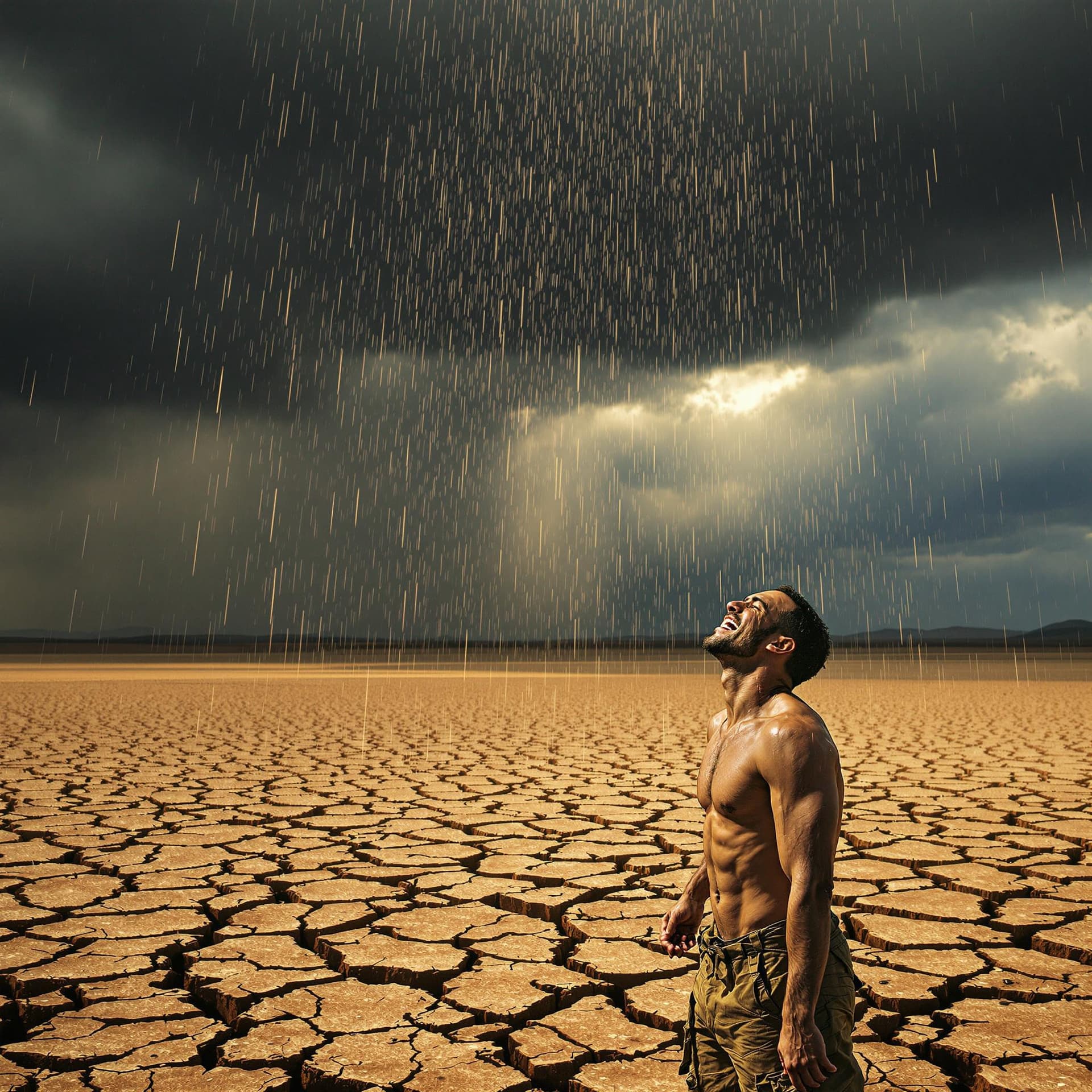 AI generated: A lone man stands amidst the cracked, arid ground, the vast dry landscape stretching out under the u...