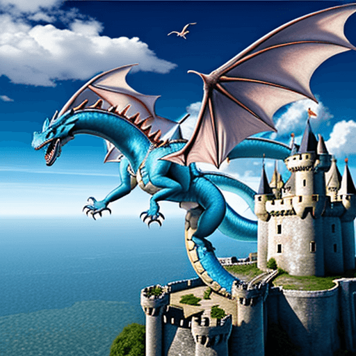 AI generated: Un dragón sobrevolando un castillo. Imagen ultrarealista