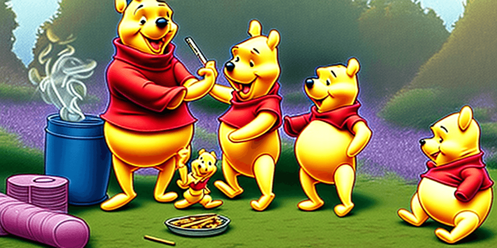 AI generated: winnie the pooh, smoking joint in the crowdy city