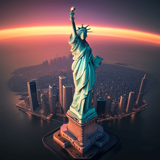 AI generated: A detailed photo of the Statue of Liberty (standing in a futuristic cityscape) during a vibrant suns...