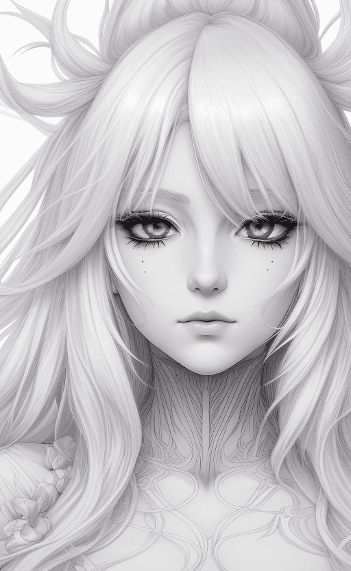 AI generated:  Anime portrait clean line art, black pen line high detail,,wild dynamic white hair, wonderland vibe...