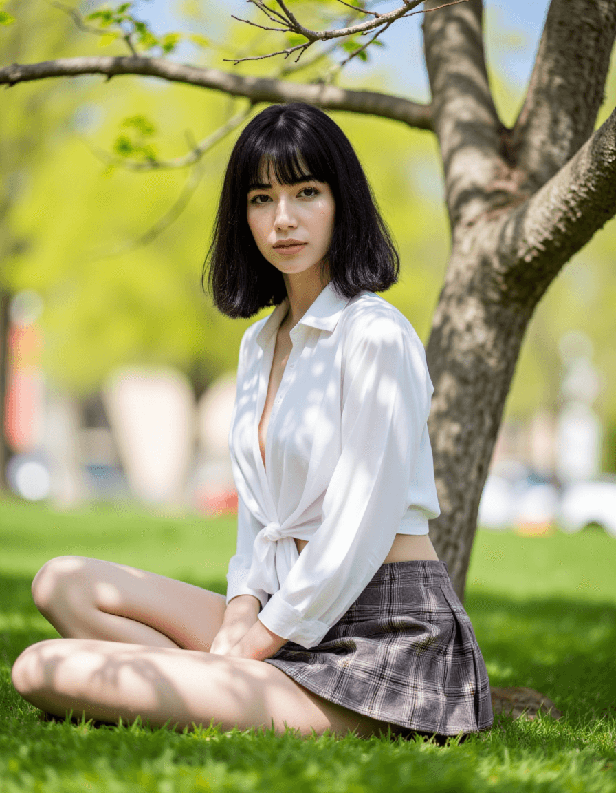 AI generated: photograph of a skinny fit 22 year old college woman, brown eyes, short black hair with bangs, loose...