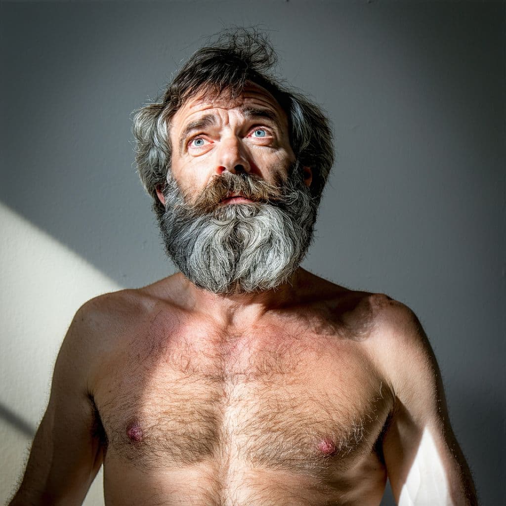 AI generated: a very hairy shirtless mature man is having his penis hanging out freely