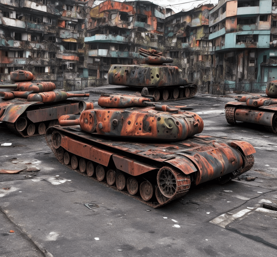 AI generated: a  lost  rusted camo  german  tank  is dead. It is lying on  the ground in the street in a  favela. ...