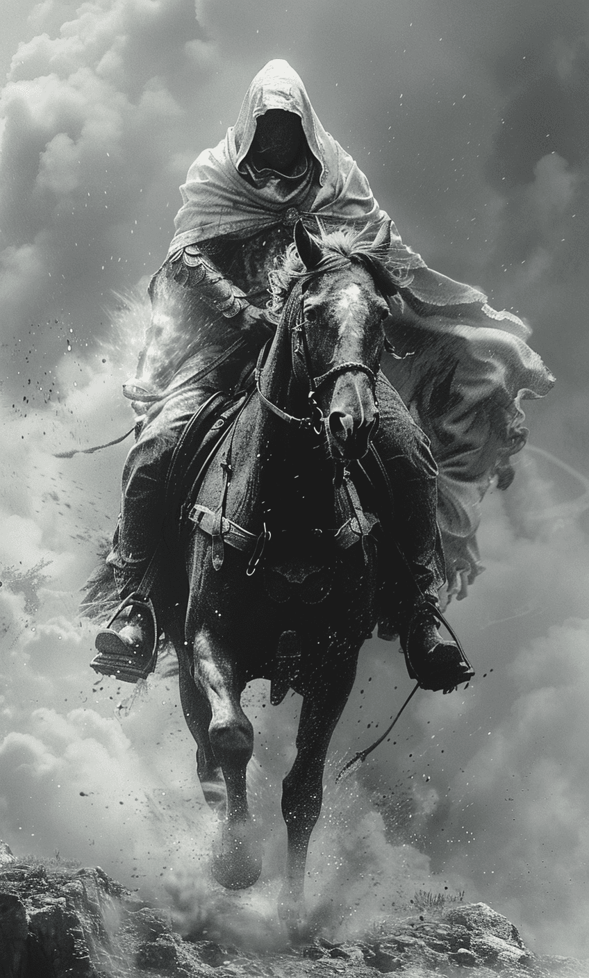 AI generated: Black and white art of a hooded knight riding his horse in full gallop, smoke around him, detailed, ...