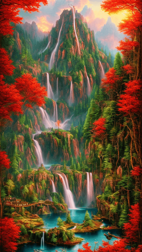 AI generated: summer landscape, red color, Bokeh, the waterfall, lake, insanely detailed and intricate, hypermaxim...