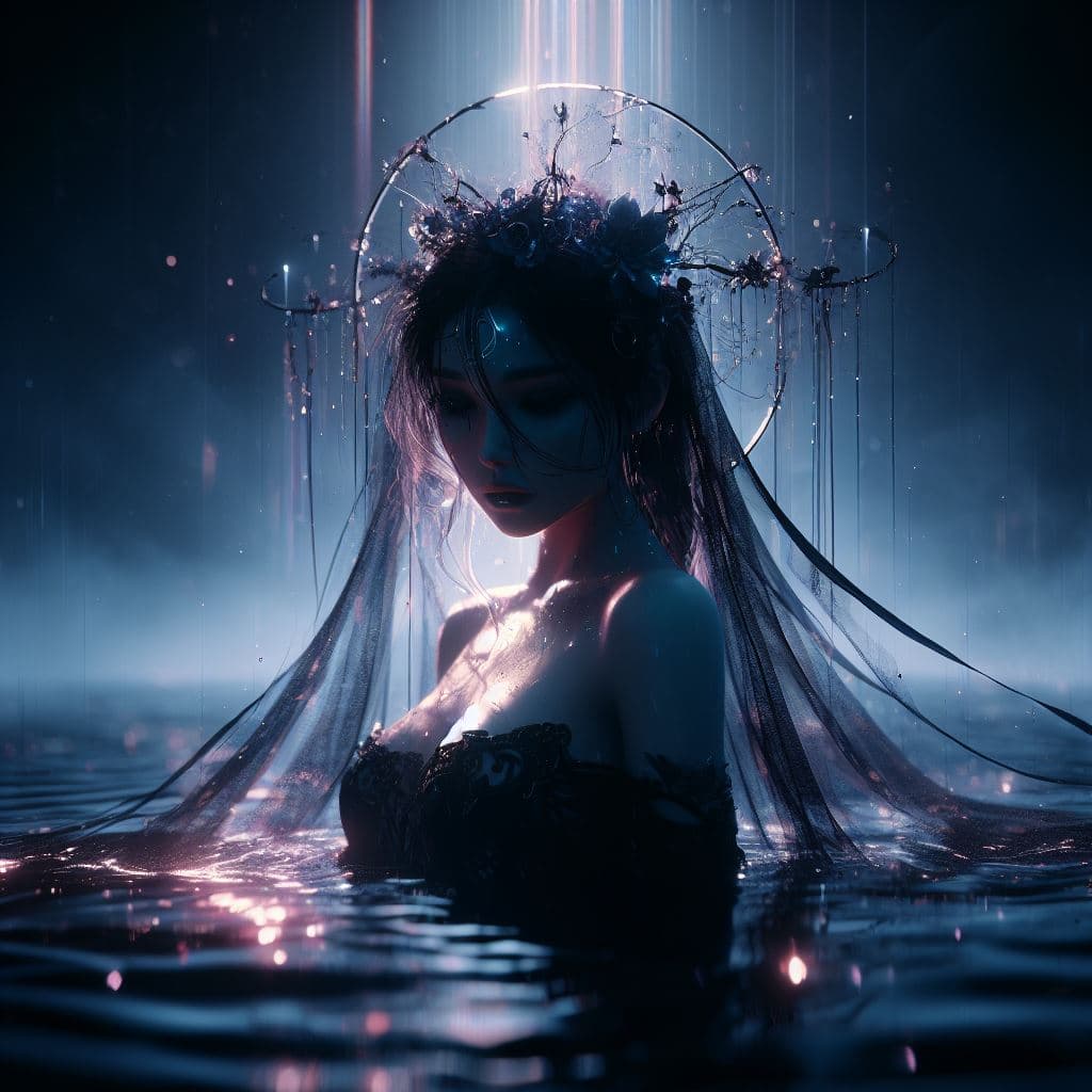 AI generated: concept art of a female, mystical dark colors,beautiful lighting, stunning scene,  she is  in the wa...