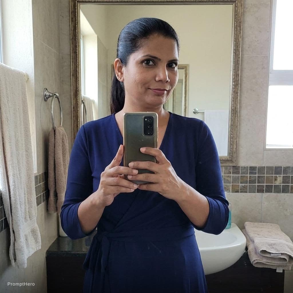AI generated: Taking a mirror bathroom selfie, realistic snapshot, , wearing a dress, ponytail hairstyle, no smile...