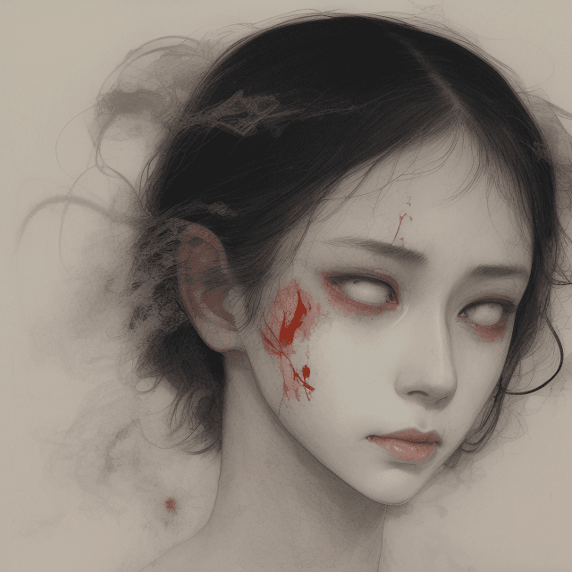 AI generated: a single Woman crying blood, artwork by Takato Yamamoto and Chika Yamada, minimalistic, face barely ...