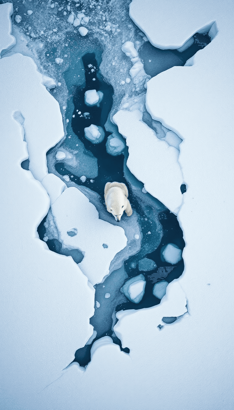 AI generated: Top down aerial shot looking down at a polar bear in a icy tundra --v 6.0 --style raw