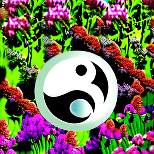 AI generated: A yin yang in place of a moon overlooking a beautiful blooming wildflower garden, yin yang should be...