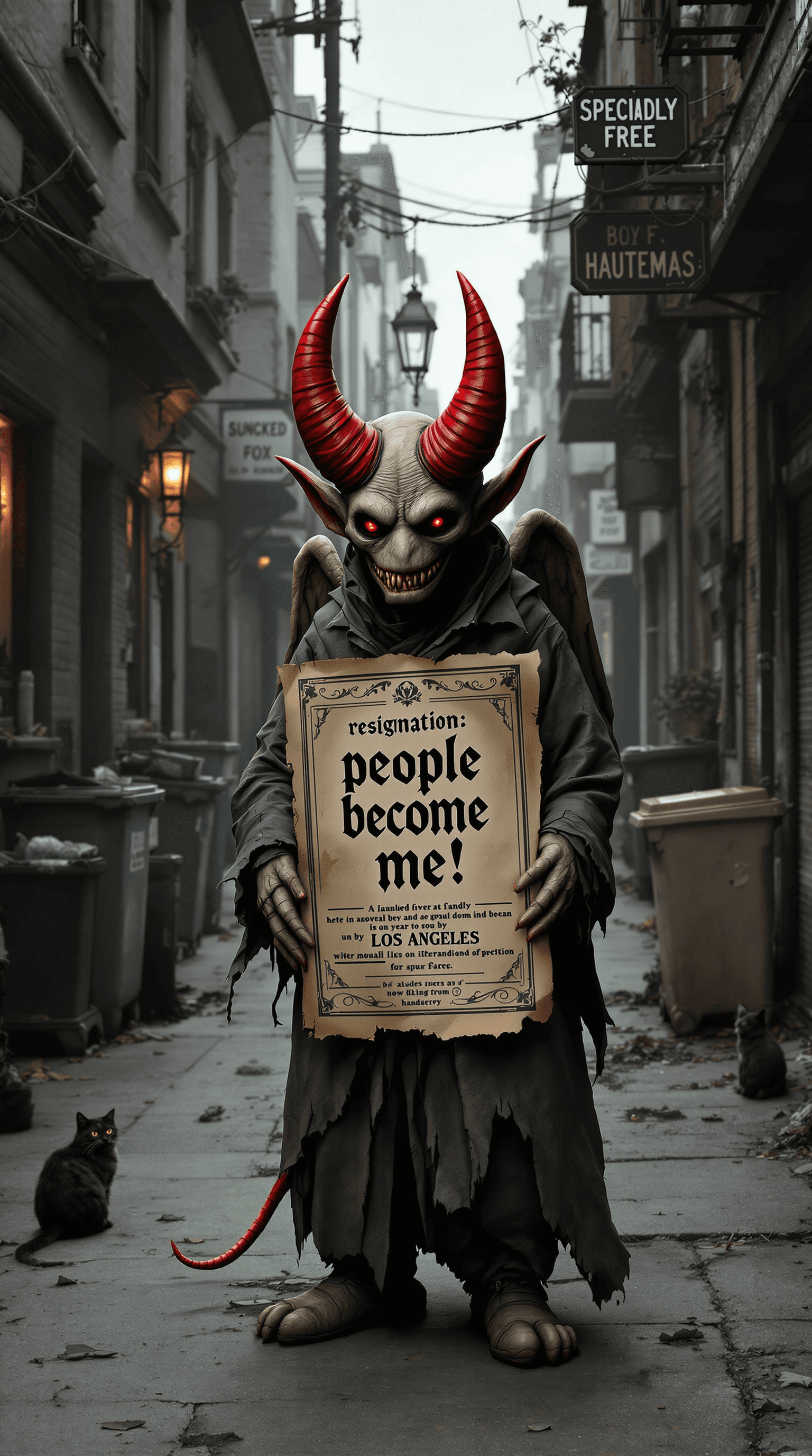 AI generated: An old, mystical clay devil character stands in a haunted street of Los Angeles, surrounded by waste...