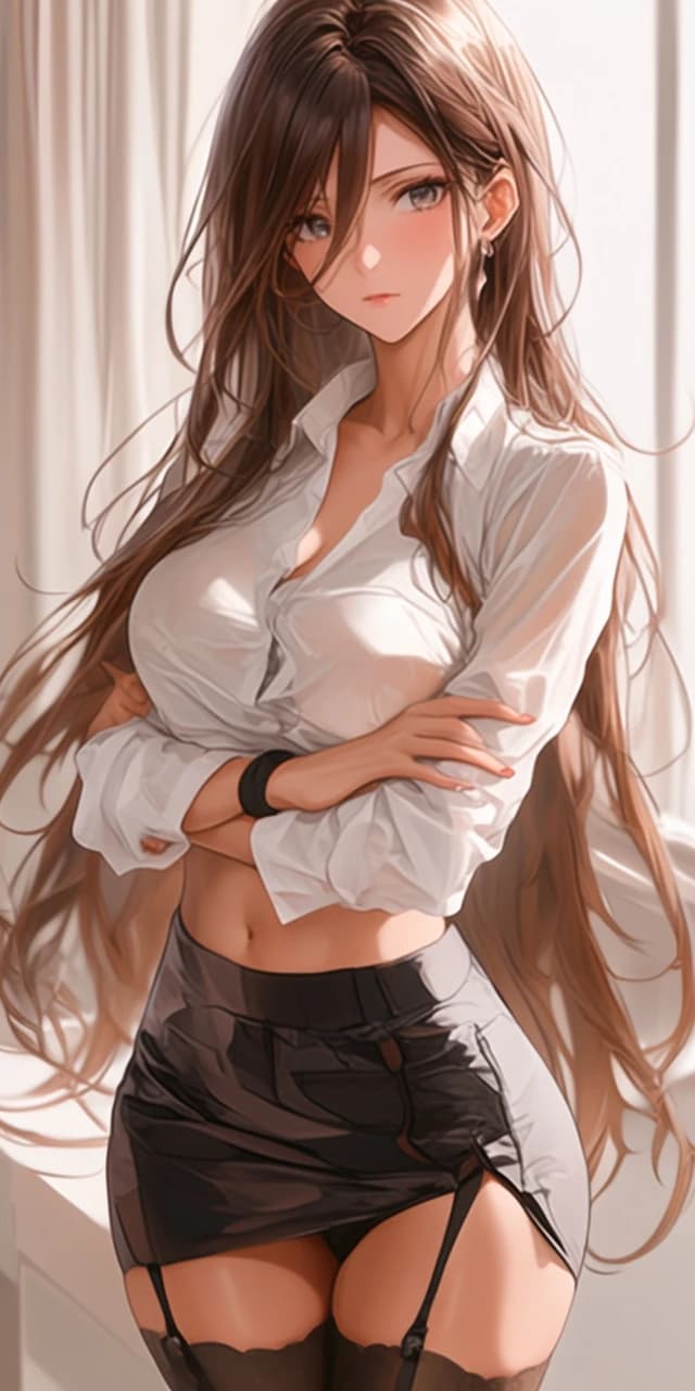 AI generated: A stunning anime-style woman, East Asian descent, stands confidently, arms crossed across her chest,...
