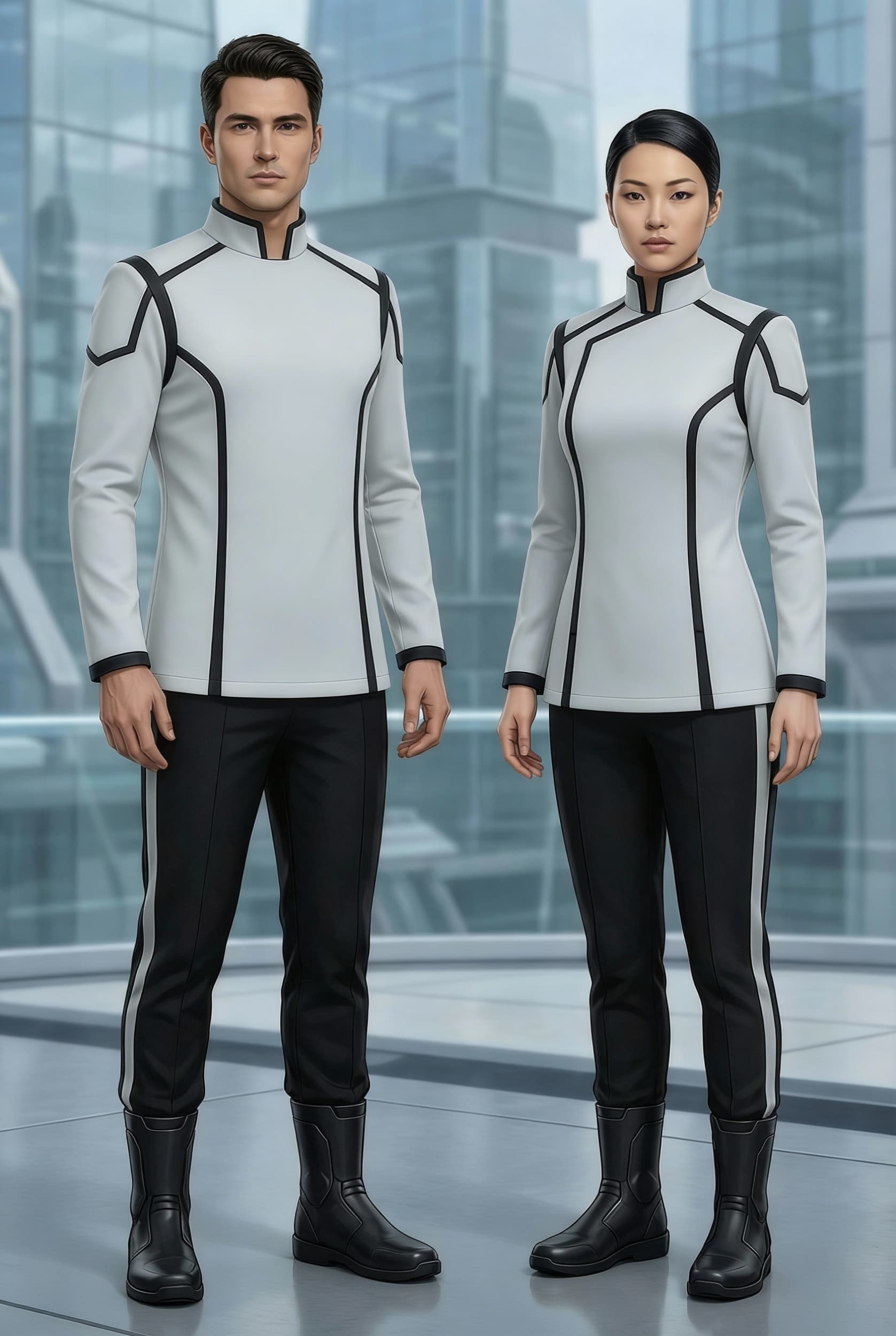 AI generated: Create a Sci-Fi uniform. Use the reference image and turn all red to Grey. The color of the uniform ...