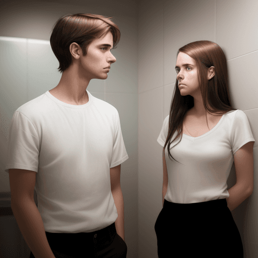 AI generated: In the bathroom of a party hall, a young man of about 30 years old with brown hair, dressed in a whi...