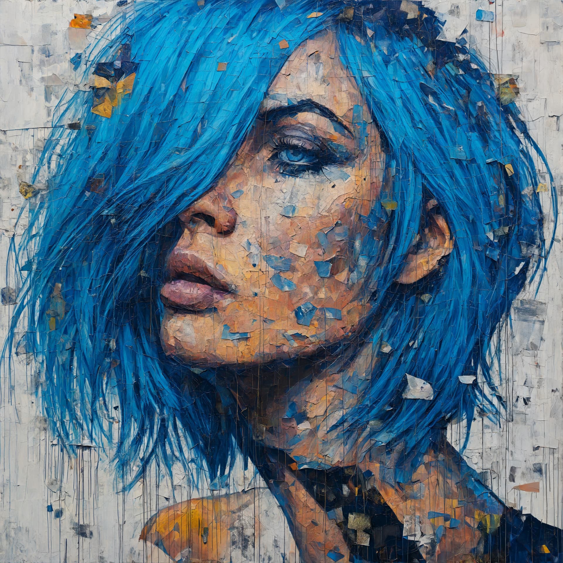 AI generated: woman with blue hair, in the style of multi-layered collages, edgy street art, celebrity-portraits, ...