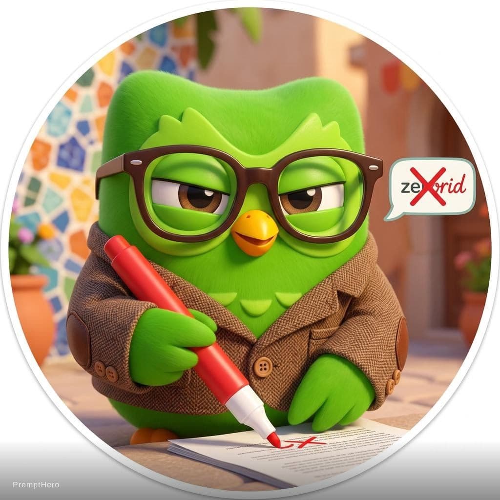 AI generated: A single cute chubby green cartoon owl with big expressive eyes, wearing thick-rimmed glasses and a ...