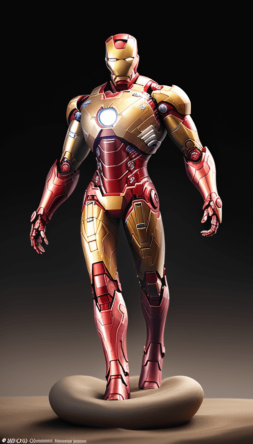 AI generated: Sand Statue on the table with the design and character of Iron man The Sand statue is gold and silve...