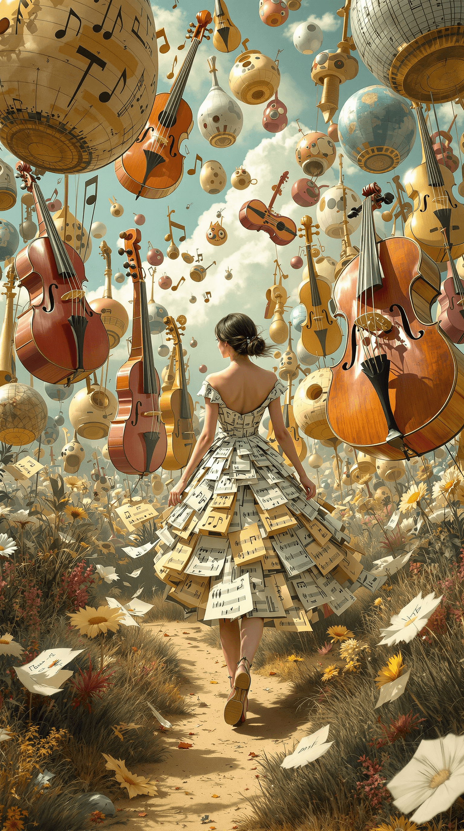 AI generated: 26. A whimsical, full-body scene of a woman walking through a landscape made of giant, floating musi...