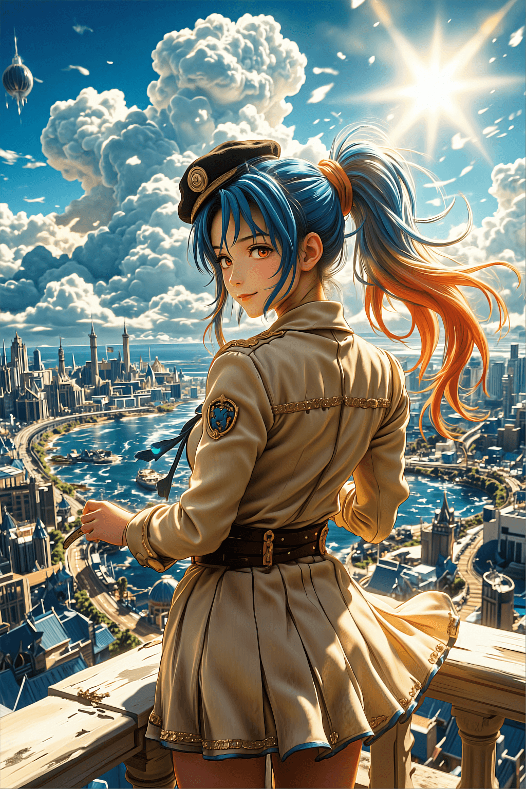 AI generated: A vertical anime masterpiece illustration of a beautiful chinese girl with a blue high side ponytail...