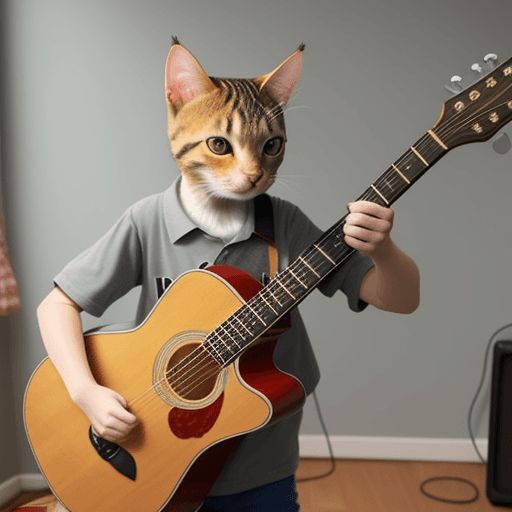 AI generated: a tabby cat, standing up, playing guitar, realistic like a photo      