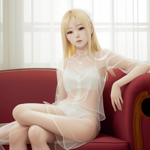 AI generated: beautiful blonde woman wearing white sitting on a couch, in the style of oshare kei, nostalgic charm...