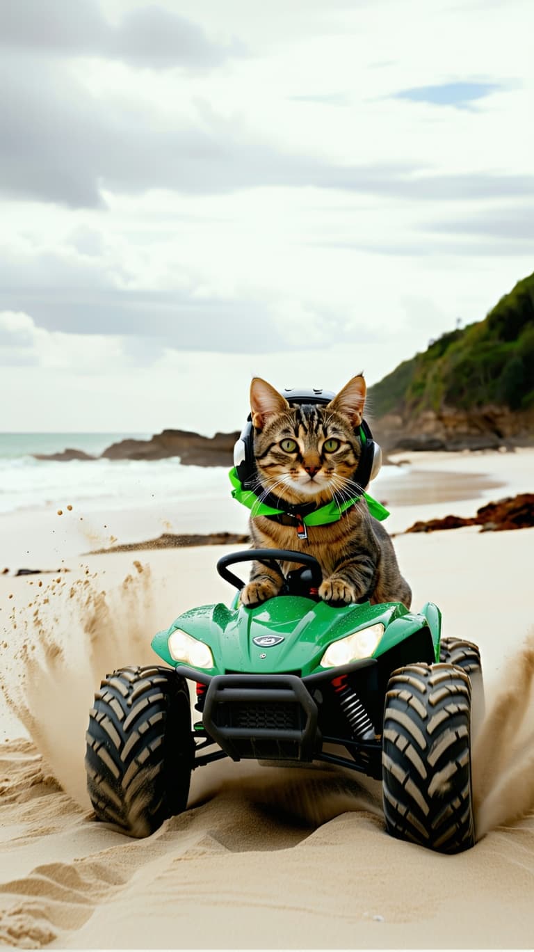AI generated: Extreme sports, GoPro filming, a real cat dressed in beach vacation attiresitting on a beach buggy, ...
