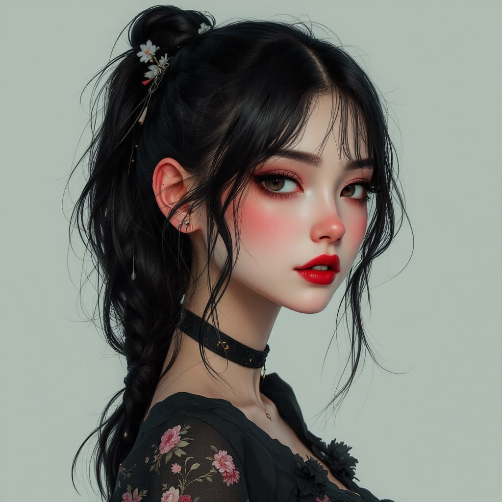 AI generated: a dark haired girl dressed in an asian style, in the style of subtle ink application, appropriation ...