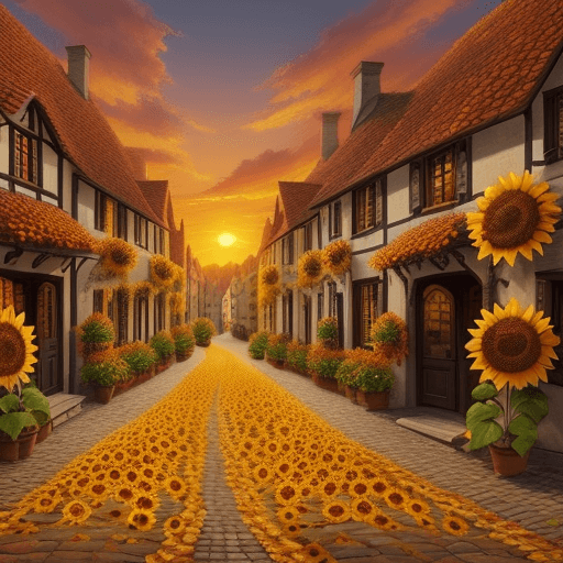 AI generated: sunflowers, autumn sunset in the old village, cobblestone houses, streets, plants, flowers, entrance...