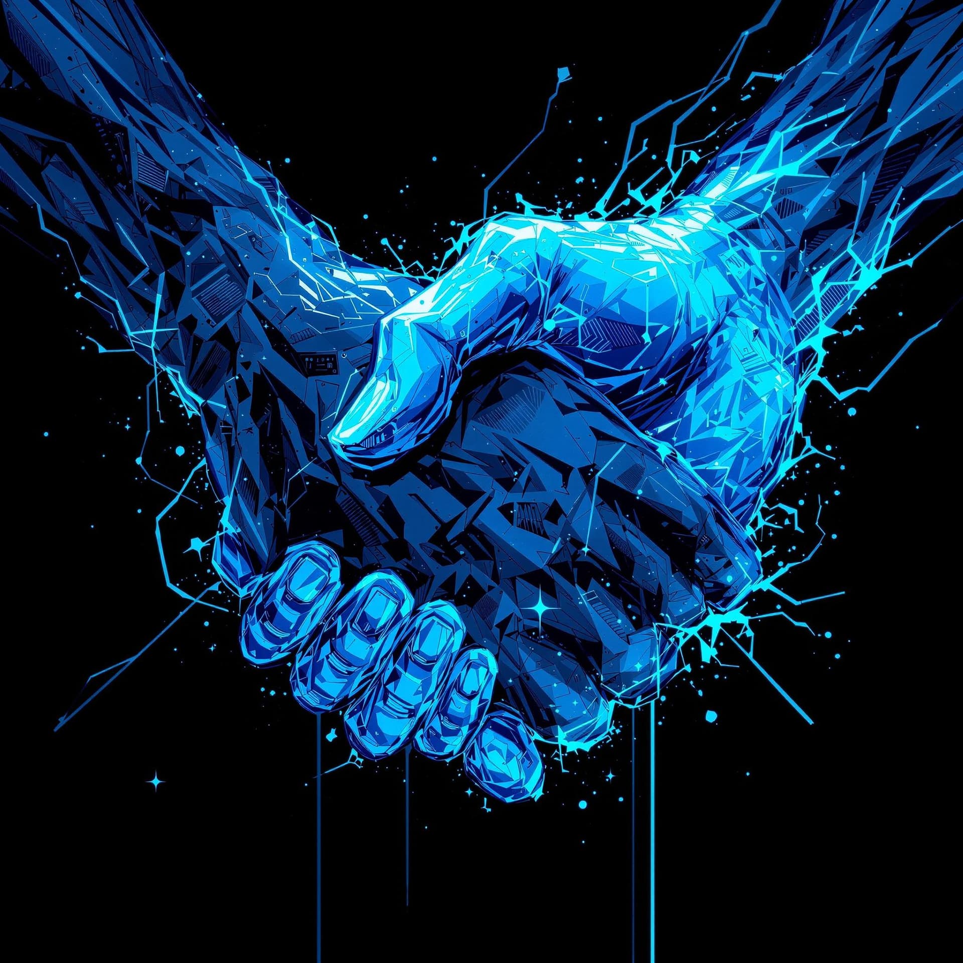 AI generated: blue hands tight together, anime, cyberpunk, style on black bacground,