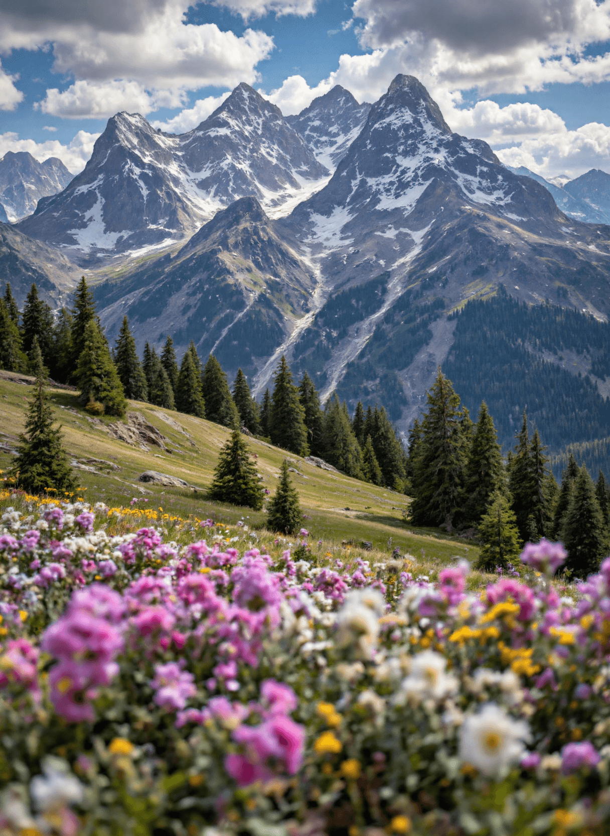 AI generated: The image depicts a stunning mountain landscape with vibrant wildflowers in the foreground. The scen...