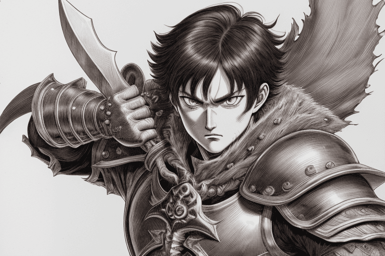 AI generated: monochrome, a man with big eyes, brown hair with tuft, in golden armor, manga, ((without helmet)), b...