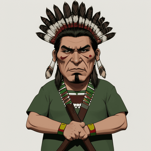 AI generated: An American Indian with the green, white and maroon headdress, green shirt, evil face, holding a hat...