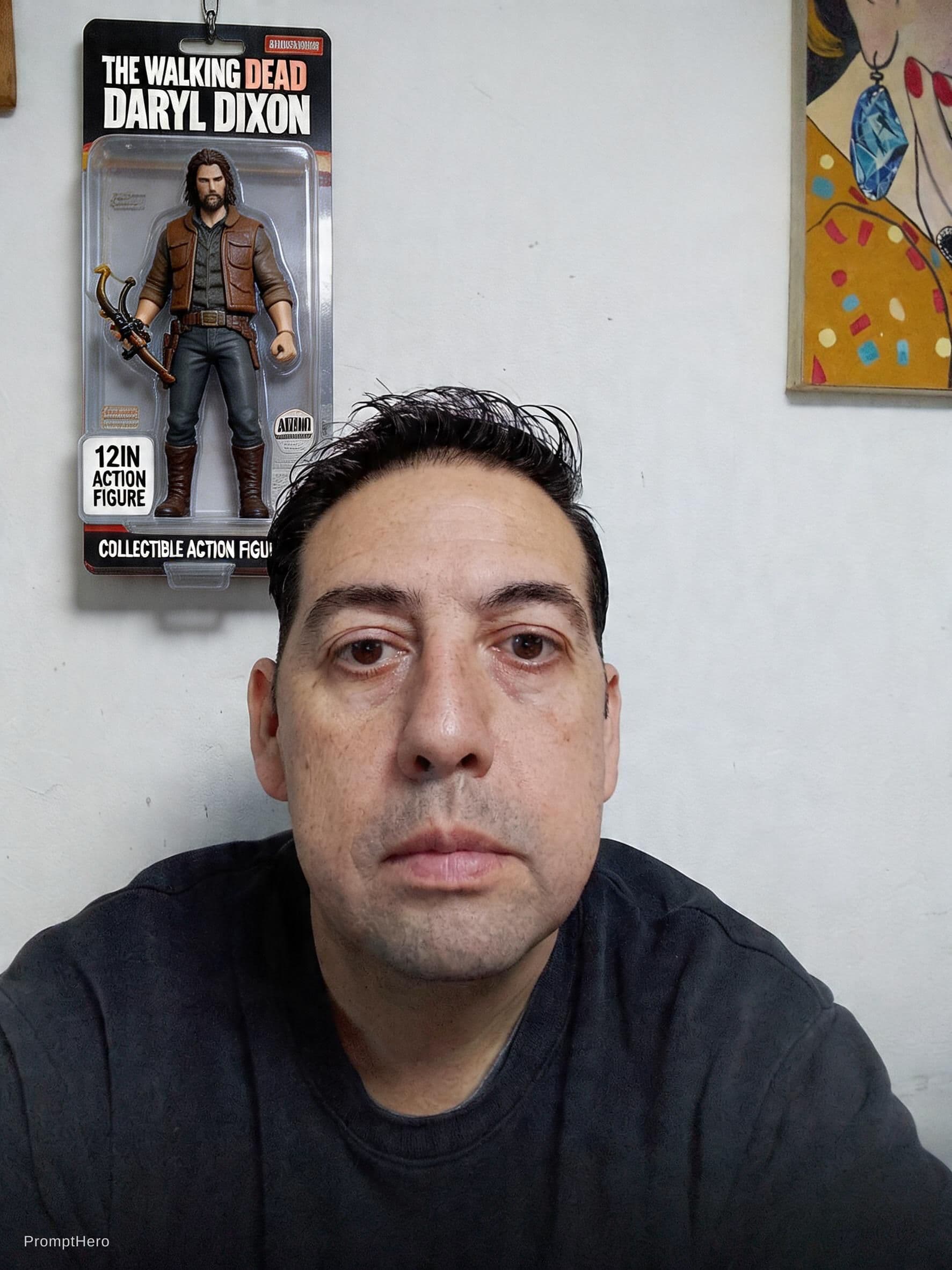 AI generated: a hanging card, Available in individual packaging, Toys for adults,a action figure of daryl dixon fr...