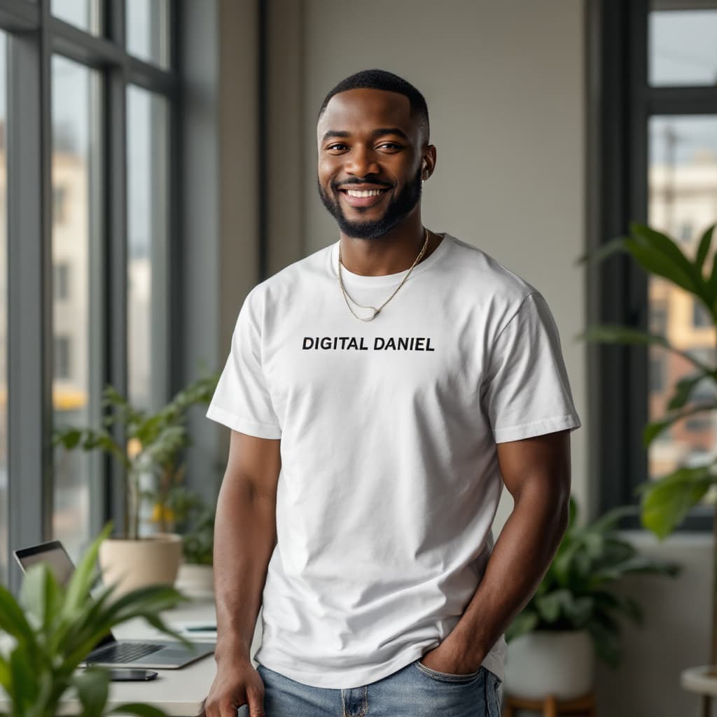 AI generated: A realistic portrait of a confident young African tech professional standing in a modern, minimalist...
