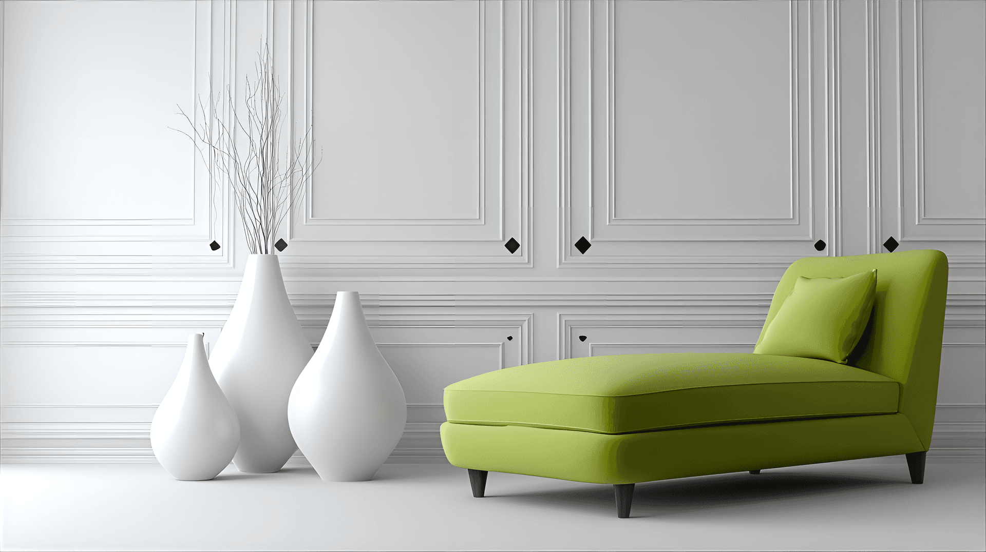 AI generated: Modern minimalist interior, bright and empty room with a lime green chaise lounge, three white vases...
