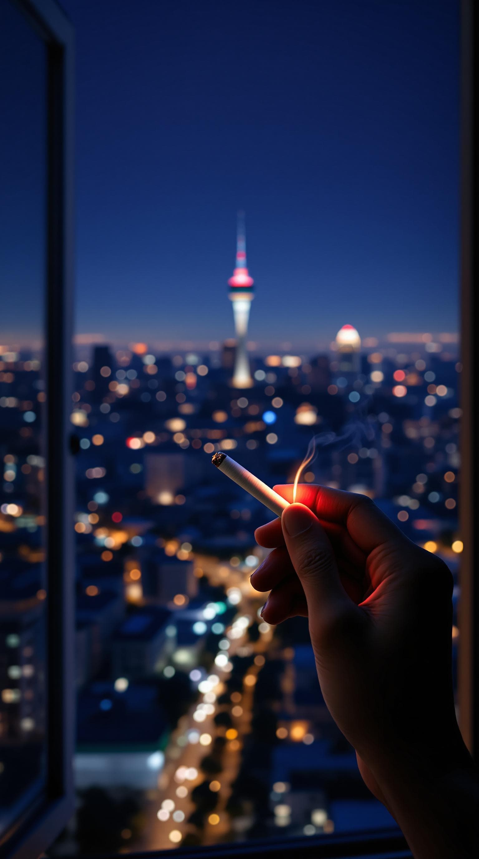 AI generated: pov first-person, i am standing by the open window, smoking a cigarette professionally . only my han...