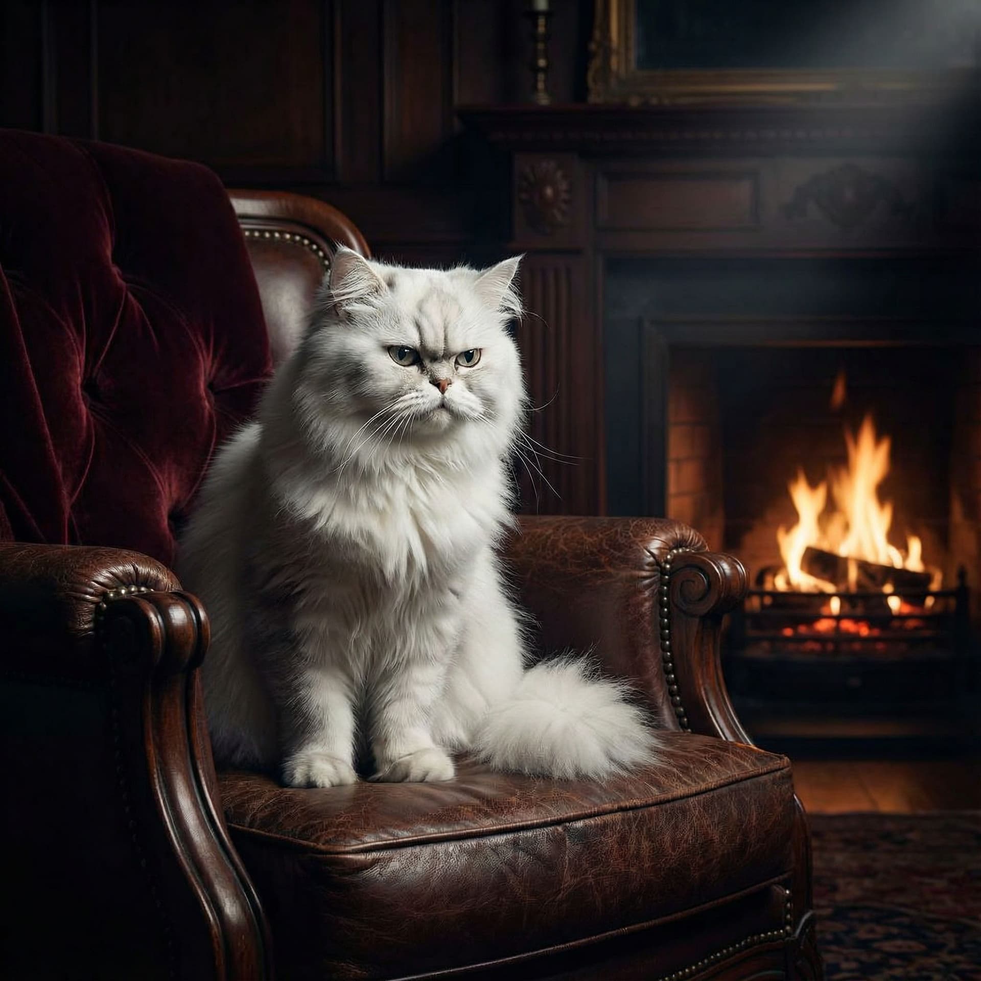 AI generated: genera una imagen de un gato blanco sobre un sillón, busco una estética de villano de james bond. qu...
