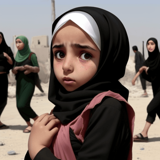 AI generated: a girl wearing hijab scared from bombings in gaza