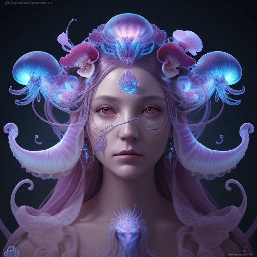 AI generated: Goddess close-up portrait ribcagel. jellyfish phoenix head, nautilus, orchid, skull, betta fish, bio...