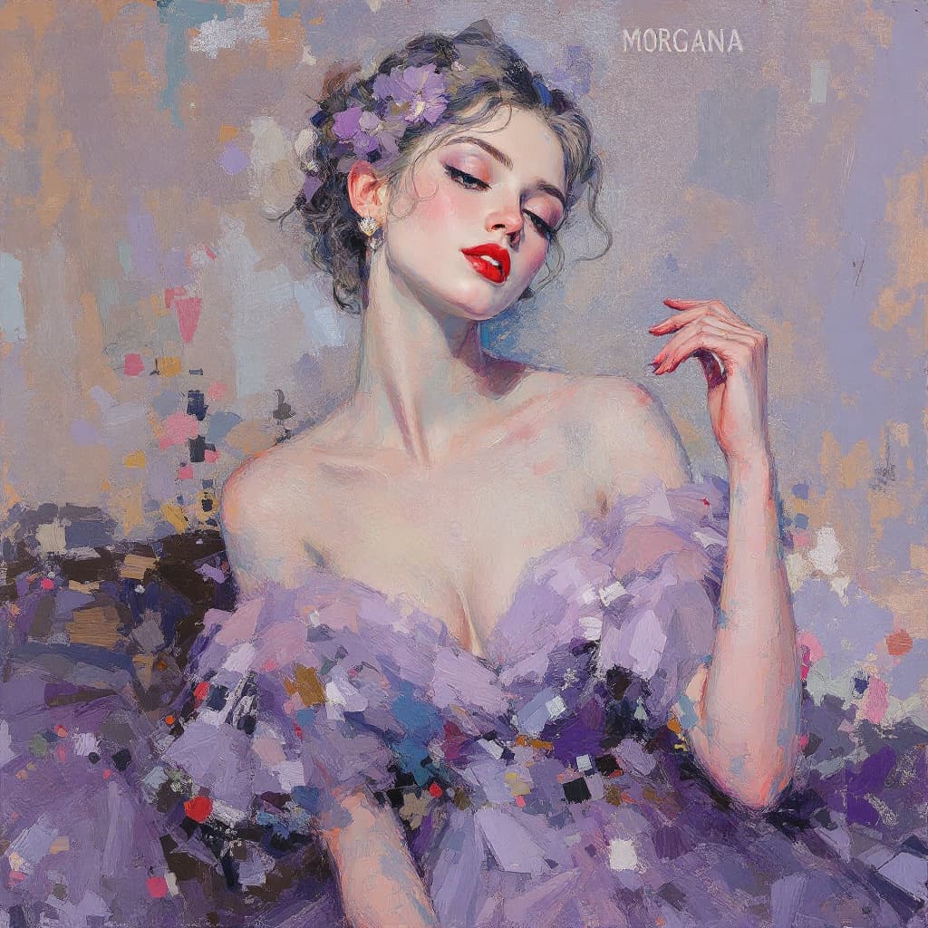 AI generated: impressionist painting of a woman wearing a violet dress, in the style of Monet, graceful, disintegr...